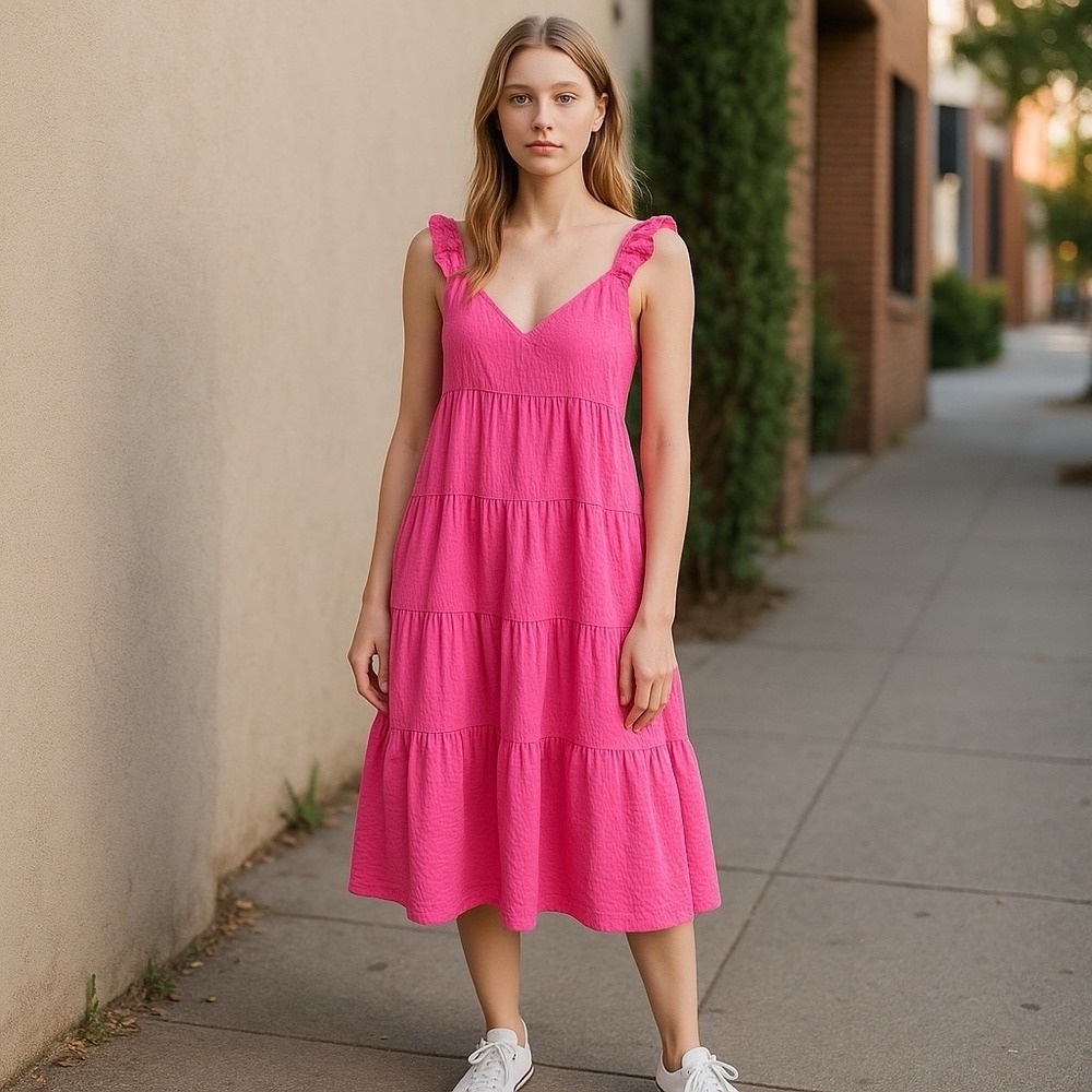 Old Navy Maxi Tiered‎ Dress Small Tall Seersucker Pink Smocked Back Barbiecore